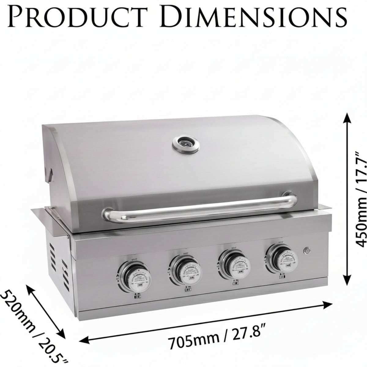 27 in Built-In Outdoor Gas BBQ Grill, 4-Burnerstainless Steel Drop-In Grill, 304 Brushed Stainless Steel, Heavy Duty Outdoor Kitchen Island Grill (Without Lighting)