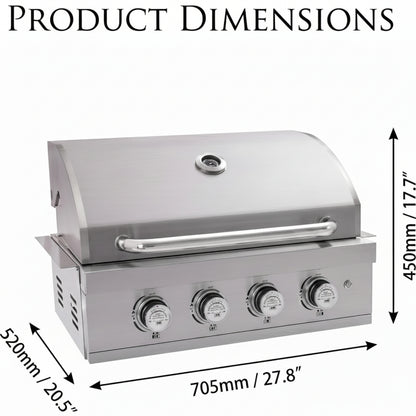 27 in Built-In Outdoor Gas BBQ Grill, 4-Burnerstainless Steel Drop-In Grill, 304 Brushed Stainless Steel, Heavy Duty Outdoor Kitchen Island Grill (Without Lighting)