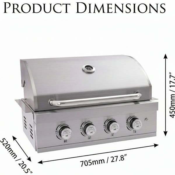27 in Built-In Outdoor Gas BBQ Grill, 4-Burnerstainless Steel Drop-In Grill, 304 Brushed Stainless Steel, Heavy Duty Outdoor Kitchen Island Grill (Without Lighting)
