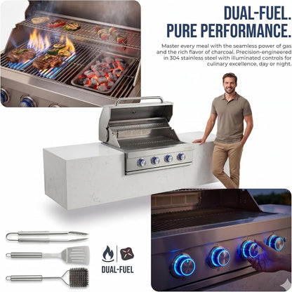 27 in Built-In Outdoor Gas BBQ Grill, 4-Burnerstainless Steel Drop-In Grill, 304 Brushed Stainless Steel, Heavy Duty Outdoor Kitchen Island Grill (Without Lighting)
