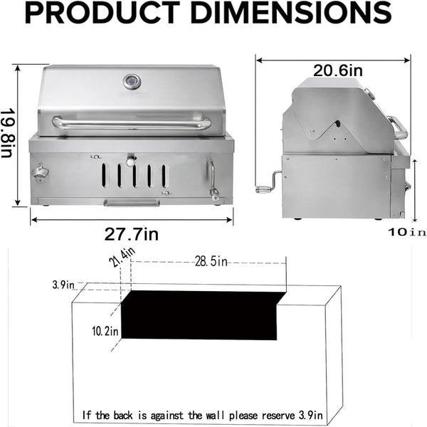 Built-In Charcoal Grill Designed for Outdoor Kitchens, 445 Sq In Cooking Surface, Adjustable Charcoal Pan