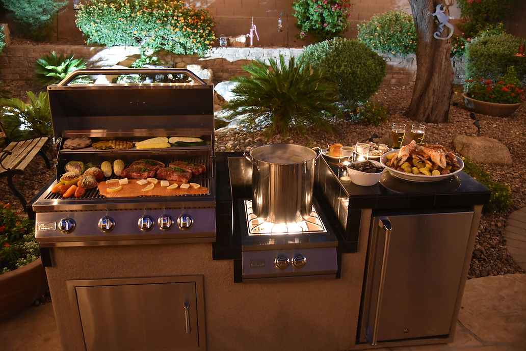 KoKoMo BBQ Island - 7'6" Outdoor Kitchen with 4-Burner Grill, Wok Burner & Refrigerator