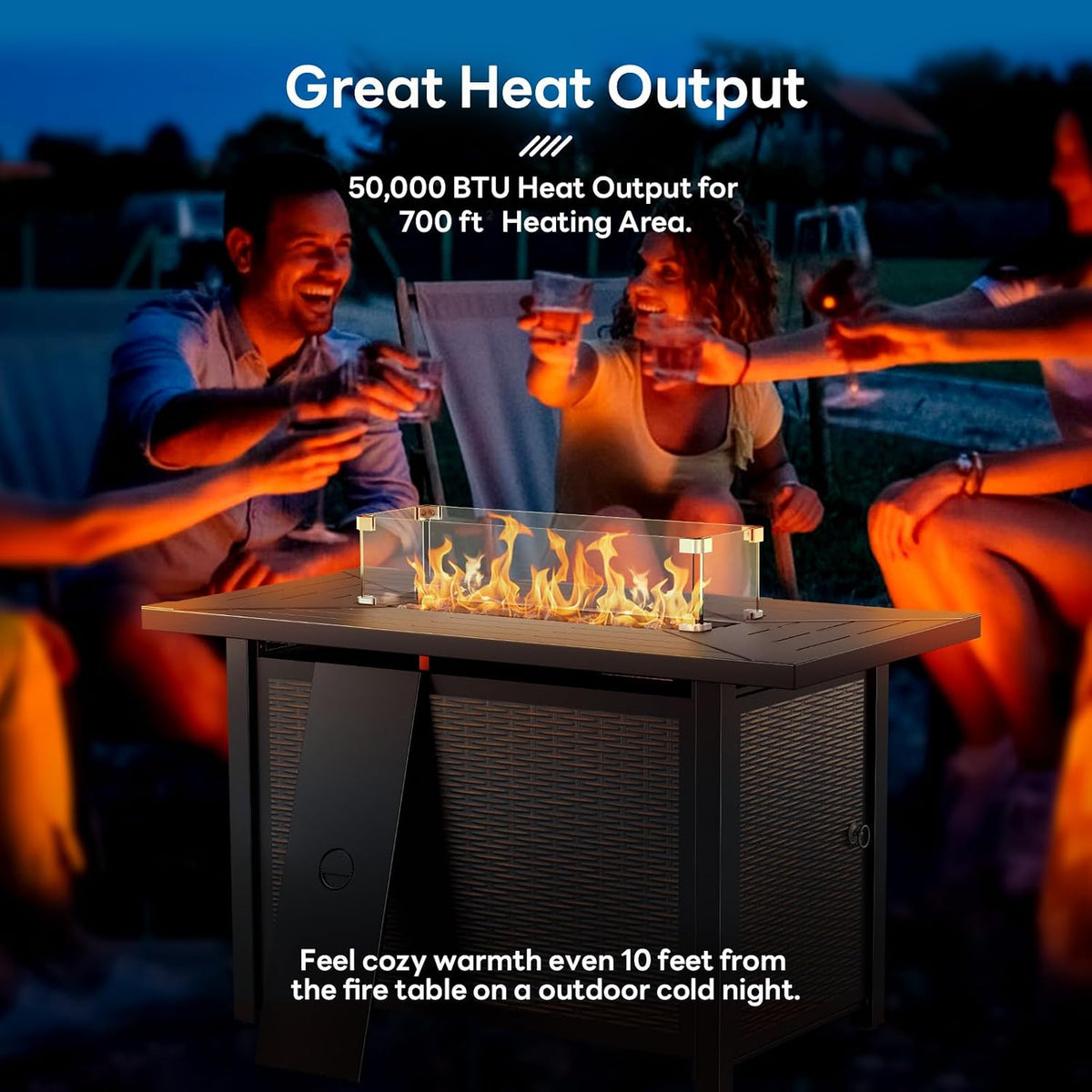 43 Inch Fire Pit Table, Propane Gas Fire Pit Table with 50,000 BTU, Outdoor Patio Firepit Table with Glass Wind Guard, Rectangle Fire Table for Patio, Deck, Backyard
