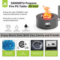 30 In. round Propane Fire Pit Table 50,000 BTU Gray Outdoor Fire Table with Lid, Rocks and Cover-Backyard Fire Pit