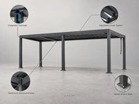 Outdoor Pergola Built for Year-Round Use, Adjustable Louvers, Aluminum Frame, Integrated Drainage — Feature Infographic