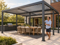 Outdoor Pergola Built for Year-Round Use, Adjustable Louvers, Aluminum Frame, Integrated Drainage — Lifestyle