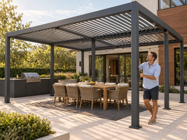 Outdoor Pergola Built for Year Round Use, Adjustable Louvers, Aluminum Frame, Integrated Drainage